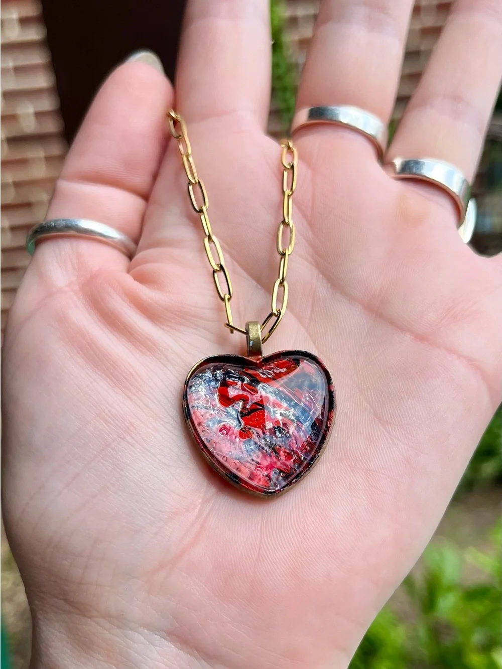 Handmade hand-painted Heart Pendant Necklace in Red and Black